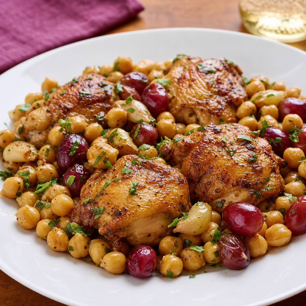 Frango com Grão de Bico e Uvas ao Alho