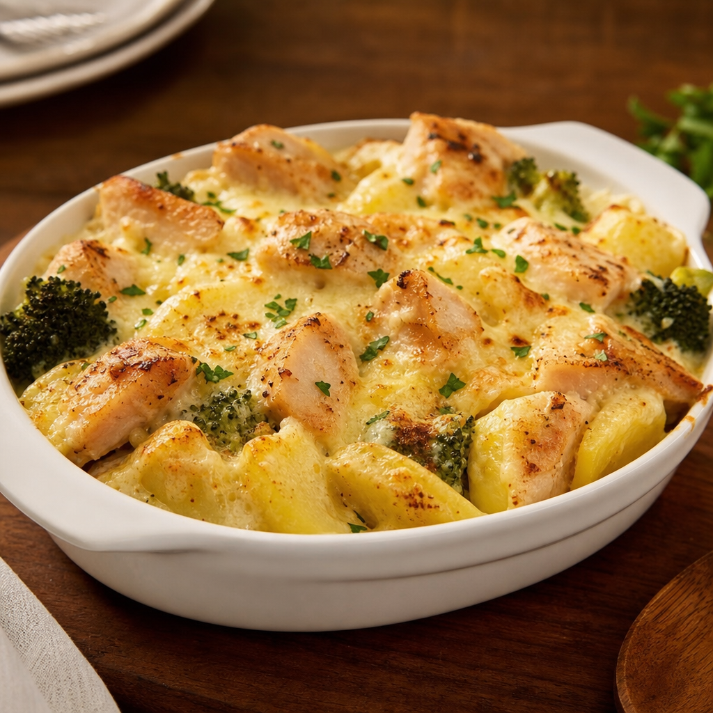 Frango Gratinado com Batata e Brócolis